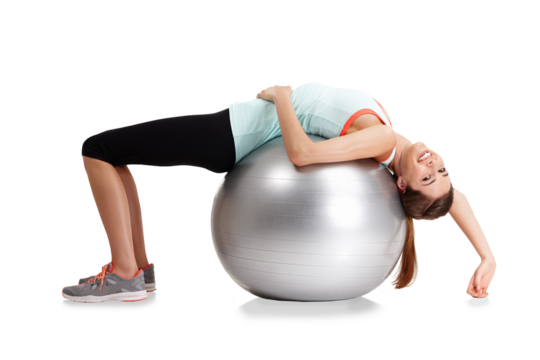 Woman stretching back on ball for exercise in portrait, smile and fitness isolated on transparent png background. Girl, yoga and workout for health, wellness or happy with motivation for strong body
