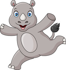 Cute rhino cartoon dancing on white background