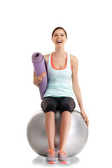 Isolated woman, ball and yoga mat in portrait, smile and fitness by transparent png background. Excited girl, training and workout for health, wellness and happy with motivation for strong body