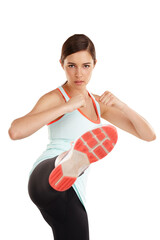 Isolated woman fighter, kick and portrait for self defense training, fitness and transparent png...