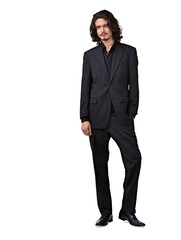 Style, portrait of man in suit isolated on transparent png background with designer black clothes...