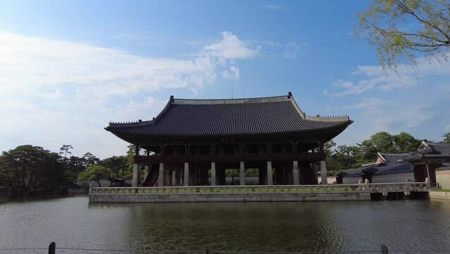 A beautiful Korean traditional palace stone wall floating on water