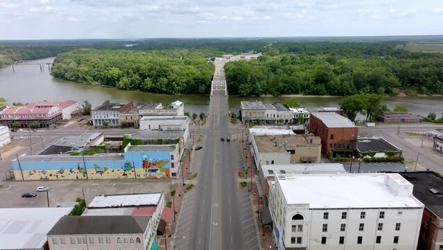 Edmund Pettus Bridge in Selma, Alabama with drone video moving in a wide shot.