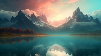 Fototapeta na wymiar Fantasy landscape panorama with mountains reflecting in the water. Abstract background. Spiritual zen wallpaper with skyline. Generative ai.