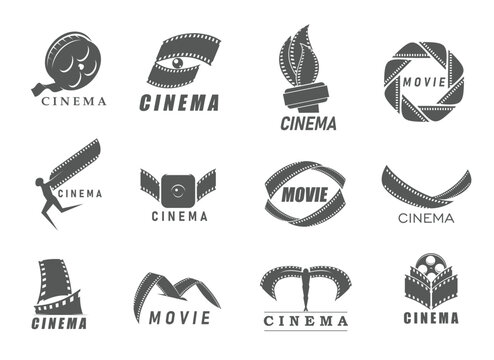 Cinema icons, movie film strip vector symbols for cinematograph award and entertainment production emblems. Cinema video reel and filmstrip roll icons of media or television award
