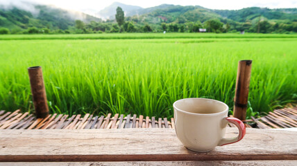Cup of coffee morning time at green rice field for vacation