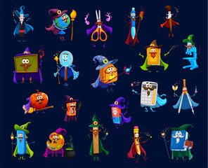 Cartoon Halloween stationery wizard, warlock, mage, sorcerer and witch characters. Vector school bag, glass, eraser, sharpener and globe. Textbook, pen, pencil case and compass, scissors and paints