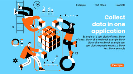 People work in a team. Data analysis, and office situations. People collect data in one application. Big data business concept. Landing page template. Vector illustration - obrazy, fototapety, plakaty