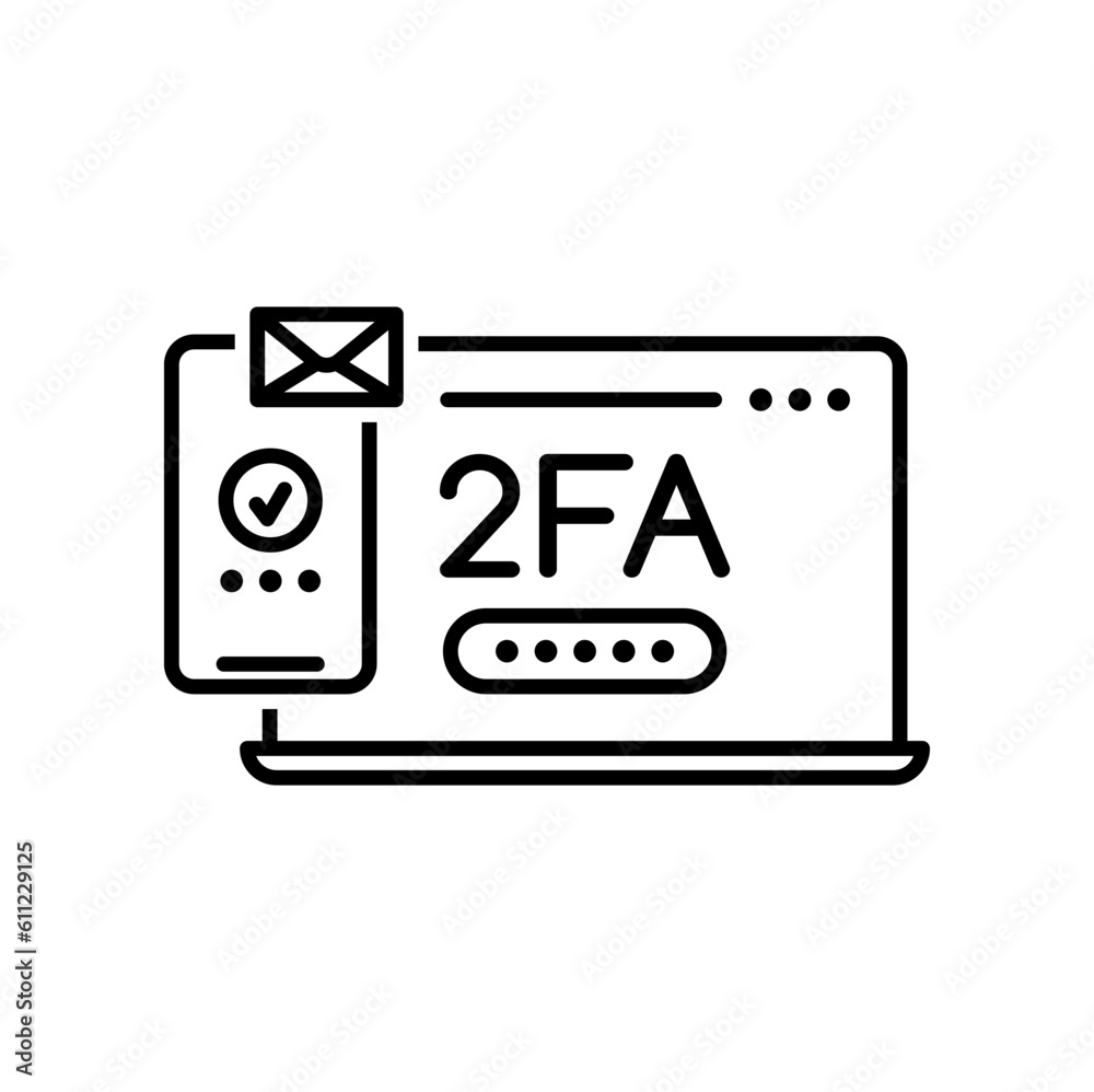Leinwandbilder 2fa, two factor verification through laptop and mobile phone icon. vector outline computer screen wi