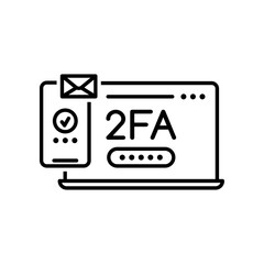2FA, two factor verification through laptop and mobile phone icon. Vector outline computer screen with secure password, authentication login and mobile phone display with push code message sign