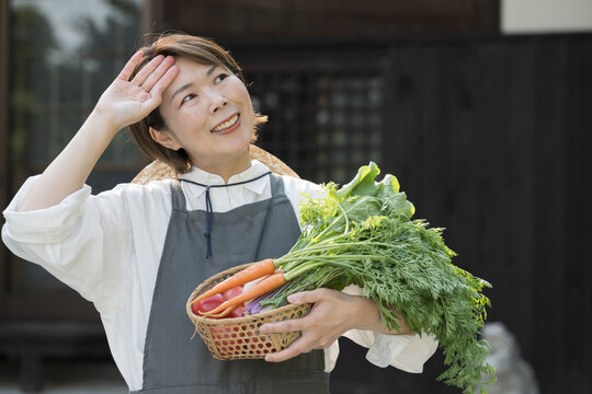 野菜を収穫する農家の人のイメージの女性　田舎暮らしや地方移住　汗をかく　クローズアップ	