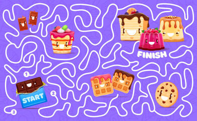 Labyrinth maze cartoon sweets and dessert characters. Kids vector board game worksheet with kawaii toffee, cheesecake, chocolate and waffle. Jelly pudding, cookie and cake personages children riddle