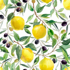 Beautiful seamless pattern with hand drawn watercolor yellow lemons on branches with leaves and black olives. Stock illustration.