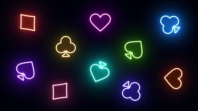 neon gambling animation of four playing card suits heart, spade, diamond and club shapes on black background, 4K abstract gambling loop background
