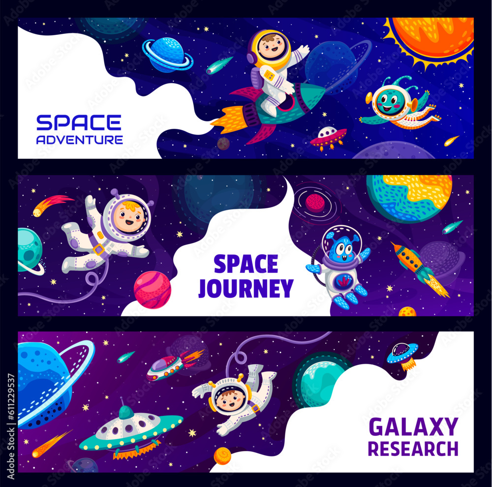 Poster kid astronauts and cute aliens in outer space. outerspace travel, universe exploration vector banner