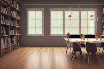 Beautiful room decoration with table and bookshelves
