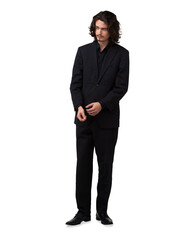 Fashion, confident man in suit isolated on transparent png background with designer black clothes...