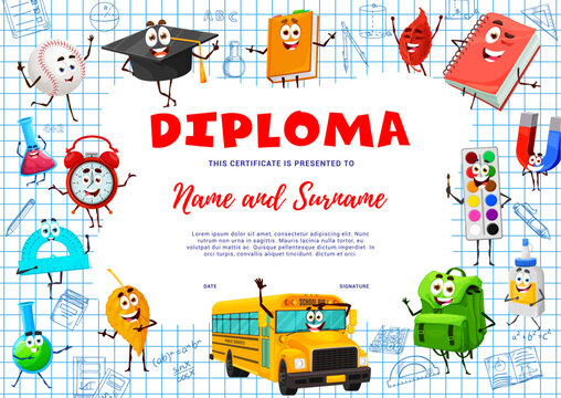 Kids education diploma. School supply characters. Vector award frame template with cartoon mortarboard, baseball ball and books. Autumn leaves, bus, rucksack and alarm clock, paints, glue and magnet