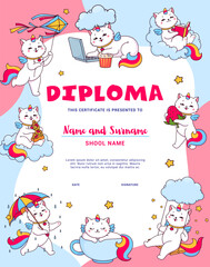 Kids diploma cartoon cute caticorn characters. Vector childish honor certificate with kawaii unicorn cat personages on cloud in sky reading, playing, work on pc, eat strawberry or pizza, fun with kite