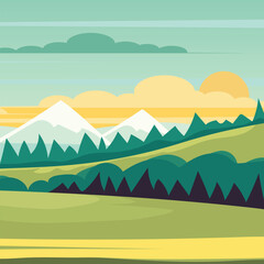 Landscape. Summer landscape square composition. Sunset in the mountains. Background nature. Vector illustraiton