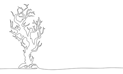 Creepy tree. One line continuous Halloween dry tree isolated on white background. Line art outline vector illustration.