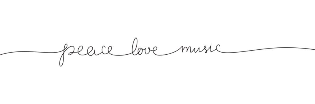Peace love music. Music one line continuous phrase. Quote of music calligraphy, lettering. Vector illustration isolated on white background.