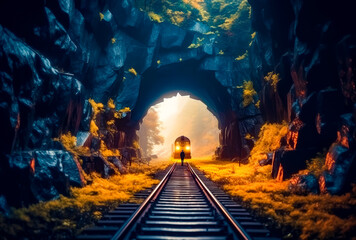a train travels through tunnel down the mountain, generative ai