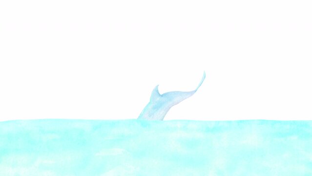 2匹のイルカがジャンプした後、水しぶきがはじけ飛ぶ爽やかなアニメーション。