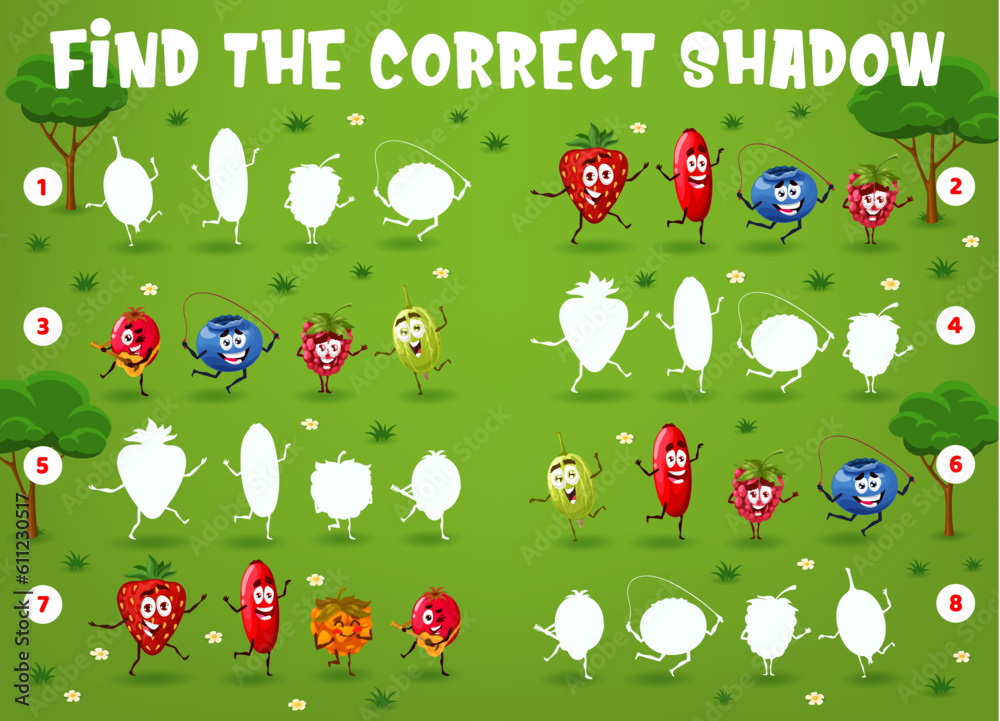Poster cartoon berry characters on the summer meadow. find the correct shadow game worksheet, vector logica