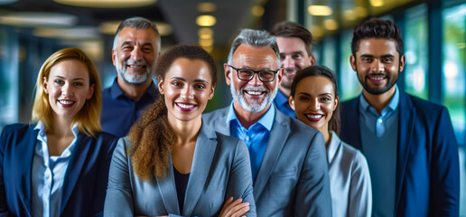 smiling business people in a group in a lobby, generative ai