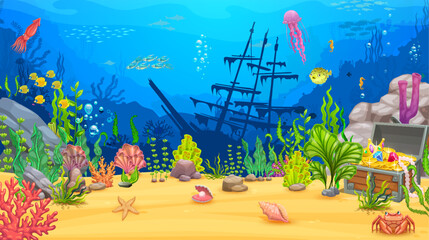 Cartoon underwater game landscape. Sea level with seaweeds, silhouette of ship, treasure chest, animals and fish. Ocean deep wildlife background, sea animals, algae, sunken caravel vector background