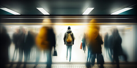 Subway station, motion blur people. Long exposure. AI generative.