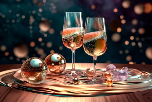 two beautiful champagne glasses with bubbles, for events, dark blurred background, generative ai