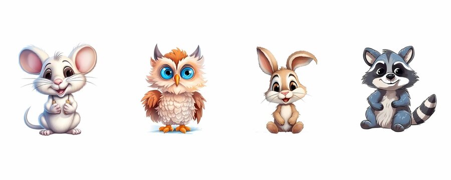 An isolated white background set of cartoon Mice, Owl, Rabbit, and Raccoon. Generative AI.
