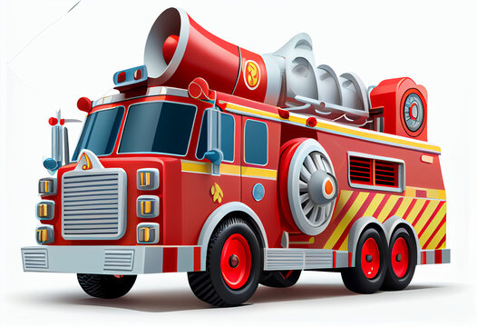 Cartoon red toy fire truck, isolated on white background. AI generated.