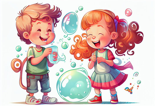 Cartoon illustration, a boy and a girl blow bubbles. Isolated on a white background. AI generated.