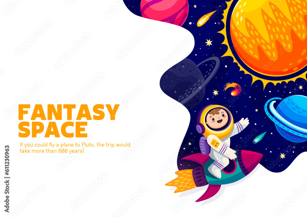 Poster cartoon space poster with solar system and astronaut on rocket. galaxy travel vector poster or banne