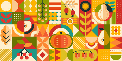 Bauhaus pattern with autumn and Thanksgiving harvest. Fall season, happy Thanksgiving or October wrapping paper vector texture. Textile background with Bauhaus autumn vegetables, fruits shapes