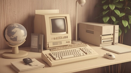 A classic 90s beige personal home computer office setup. Generative ai.