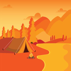 illustration of a camping atmosphere on a lake with sunset views
