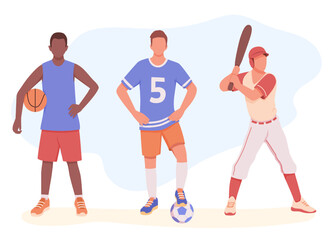 Basketball, football, baseball. Popular sports team games. Men in sportswear, with ball and bat. Vector cartoon male characters engaged in different kinds of sports