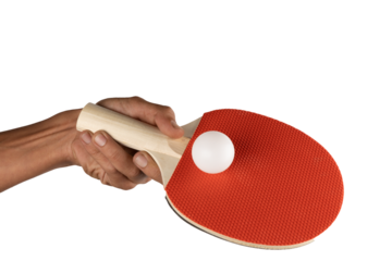 black male hand holding a ping pong racket isolated
