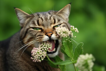 Crazy cat eats valerian flowers, generative ai