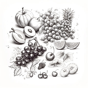 Hand drawn sketch vintage style fruits and berries set.