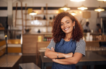Coffee shop, happy barista and portrait of woman in cafe for service, working and crossed arms. Small business owner, restaurant and professional female waitress smile in cafeteria ready to serve