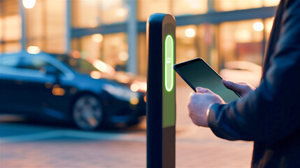 A man stands at a charging station with a tablet to charge his vehicle.