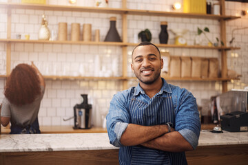 Coffee shop, crossed arms and portrait of black man in cafe for service, working and restaurant...