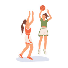 Fit faceless ladies playing basketball. Jump shot technique. Sportswoman leaping into air and throwing ball to teammate on court. Vector illustration