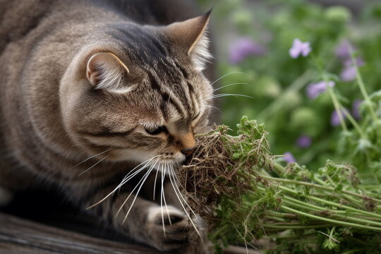 The cat gnaws on the root of valerian in vegetable garden, generative ai