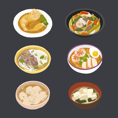 Different Soups in Asia. Hand Drawn Watercolor Vector Illustration